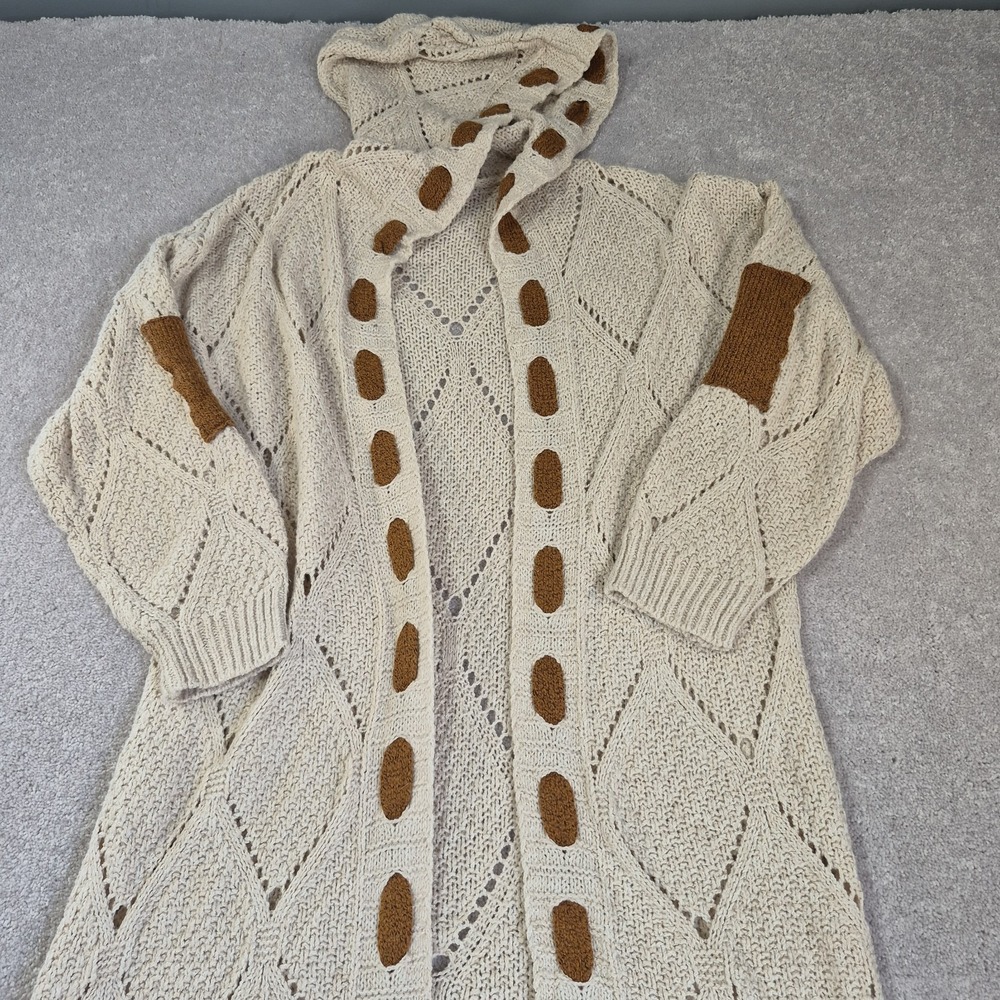 Women's Knit Long Cardigan Hooded Sweater Cream Large Boho Elbow Patches Duster